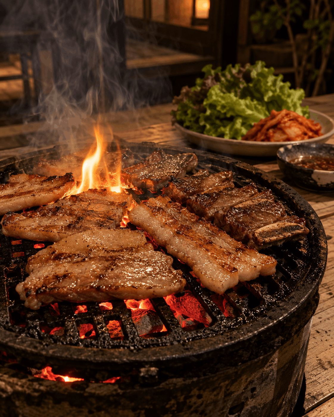 炭火の網で焼ける豚バラと牛カルビ(イメージ)