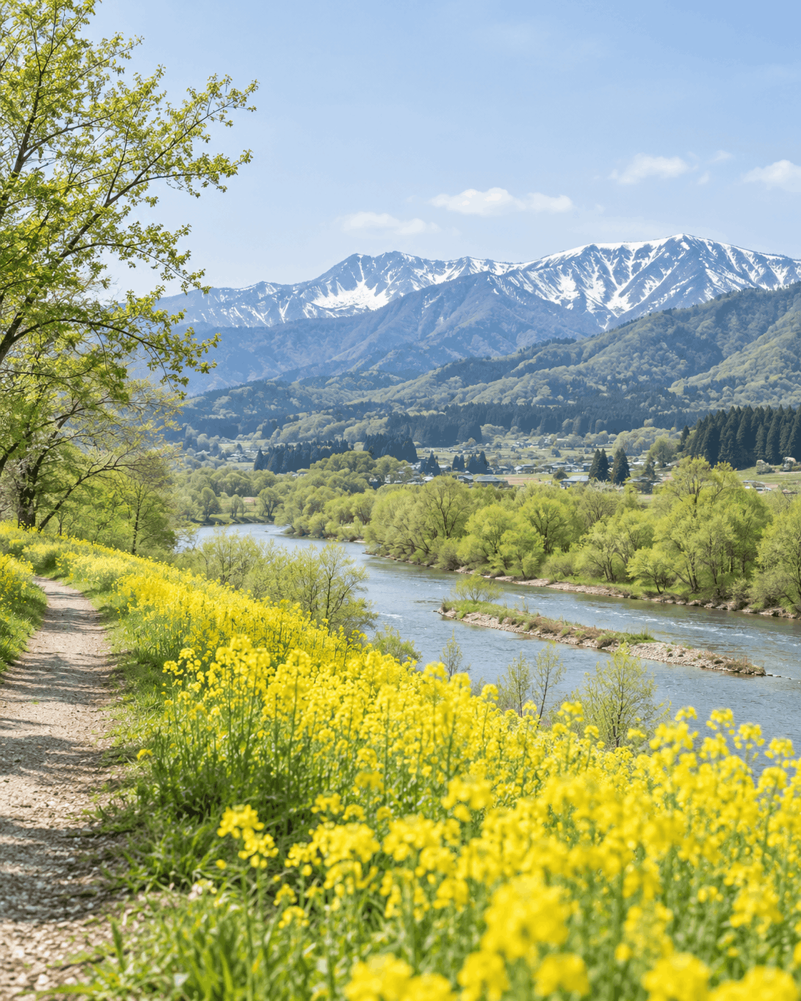 川沿いの菜の花と、残雪の山